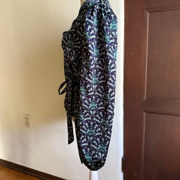 NEVER FULLY DRESSED | Navy Blue and Green Blouson Sleeve Wrap Blouse | US Size 8 - Picture 3 of 5